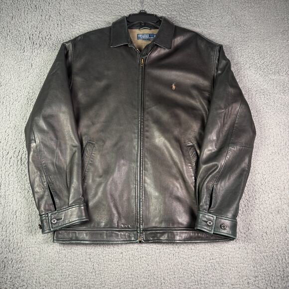 Vintage Polo Ralph Lauren Leather Jacket Mens M Black Full Zip Bomber Chin Strap - Picture 2 of 16